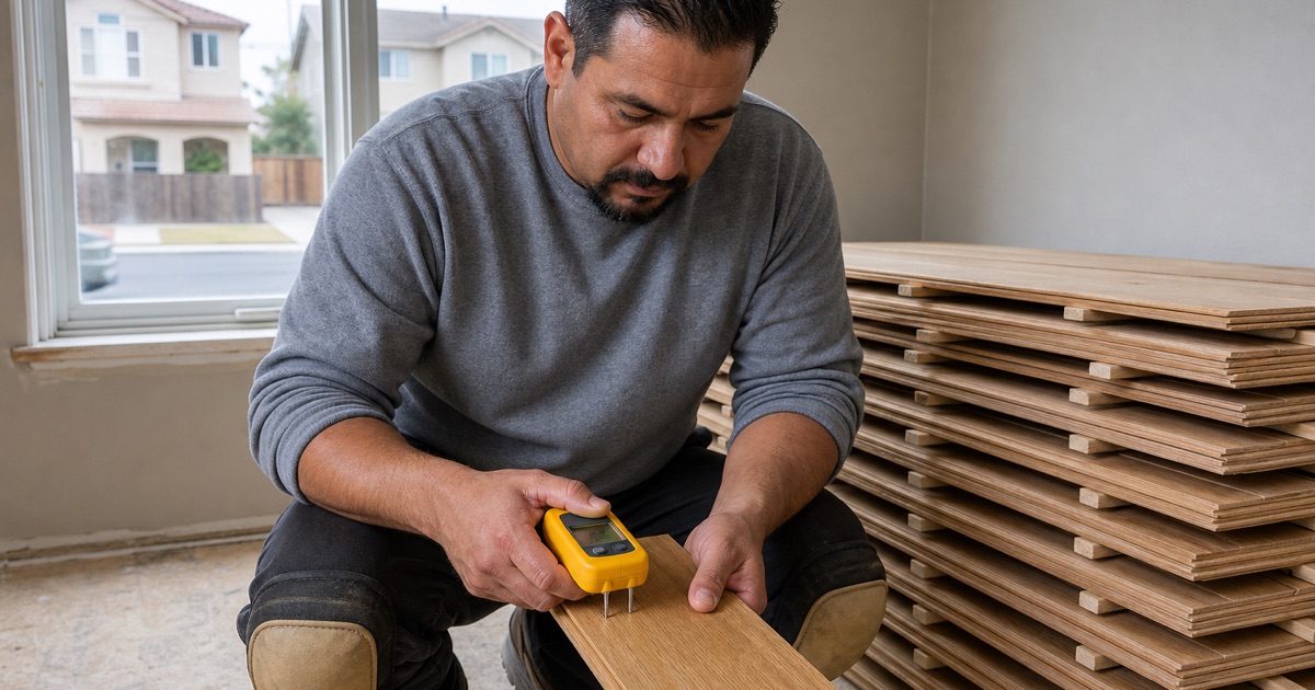 Installer pressing a pinless moisture meter flat against an oak board, with stickered stacks acclimating on spacer sticks on the subfloor behind him.