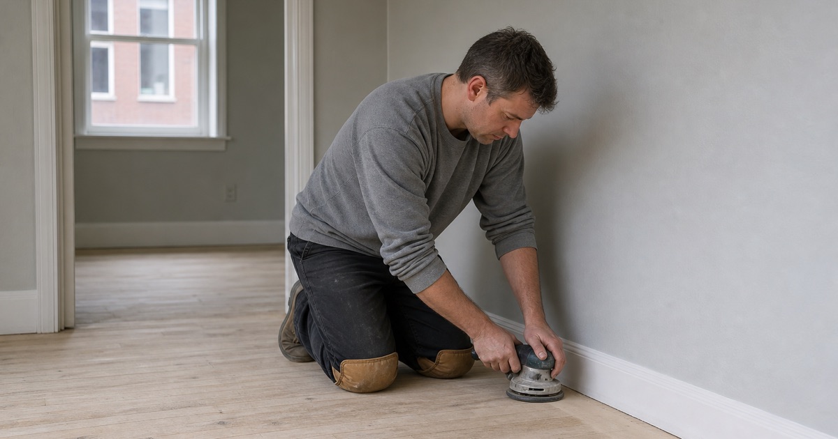 Worker running a handheld edge sander along the baseboard of an empty commercial unit, the open field of the floor already cut back to pale wood.