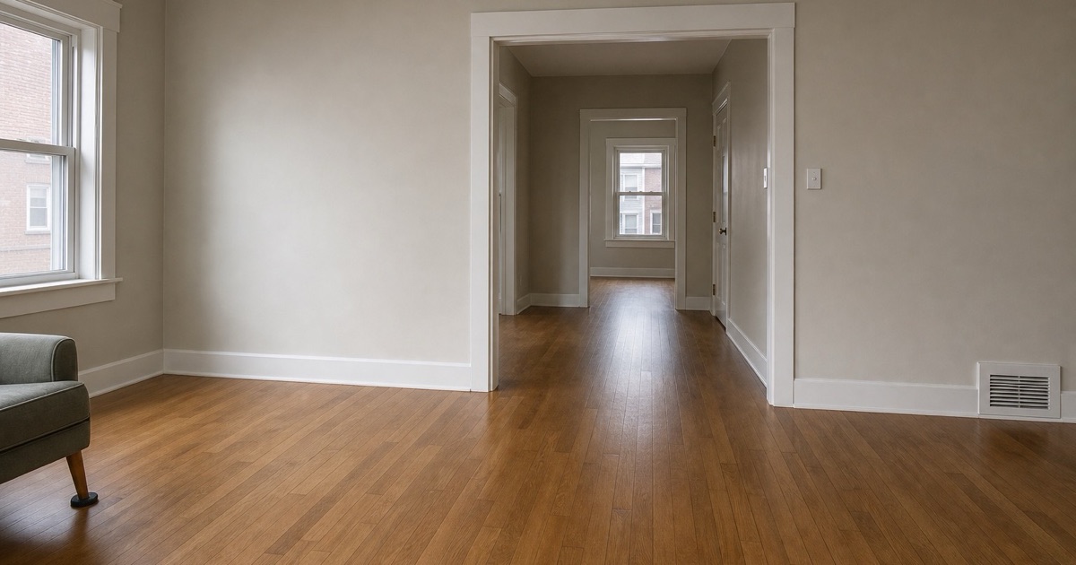 Finished oak floor in a bungalow living room, newly coated to a satin sheen, the boards running unbroken through the cased opening to the hall.