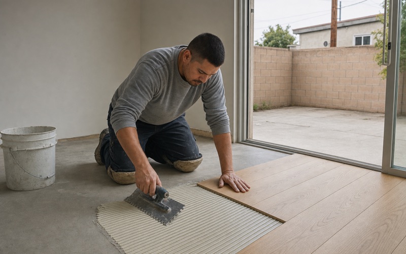 Installer spreading adhesive across a swept concrete slab with a notched trowel before bedding engineered boards in a post-war tract living room.