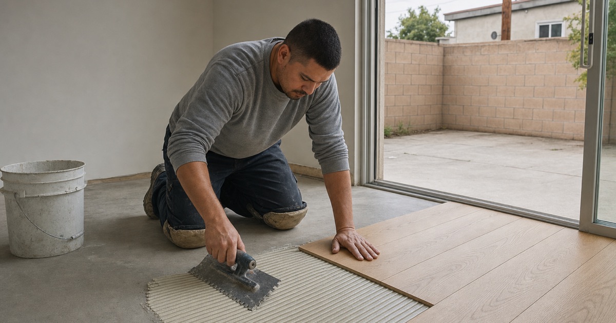 Installer spreading adhesive across a swept concrete slab with a notched trowel before bedding engineered boards in a post-war tract living room.