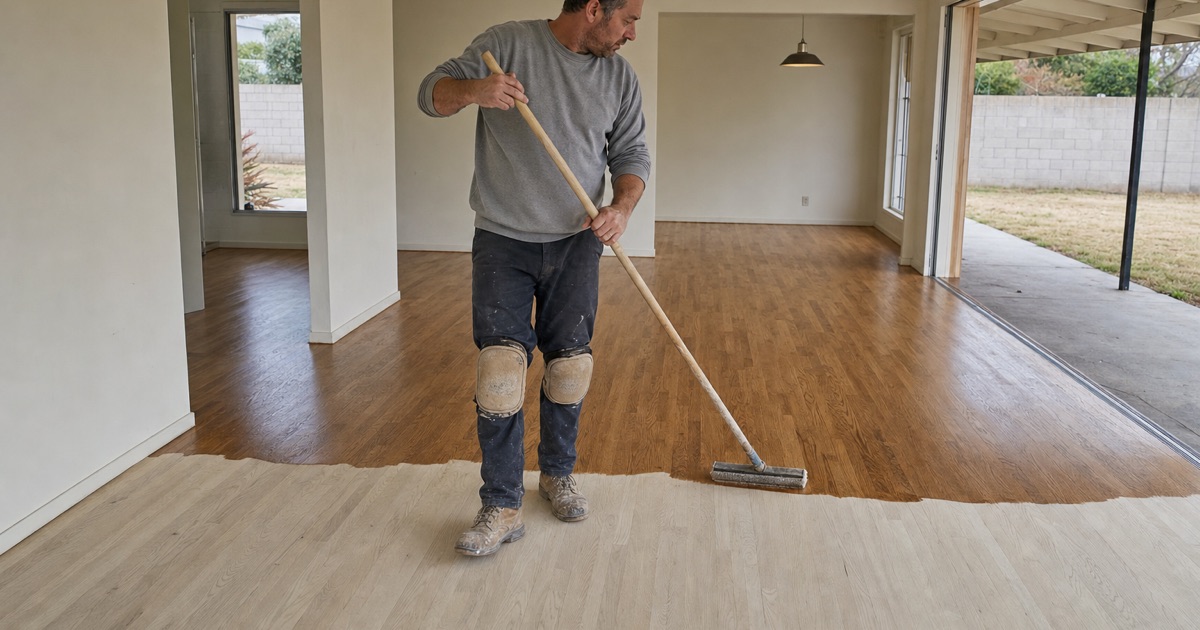 Worker applying finish with a wide pole applicator across a large open Downey living and dining floor, coated oak darker behind the wet edge.