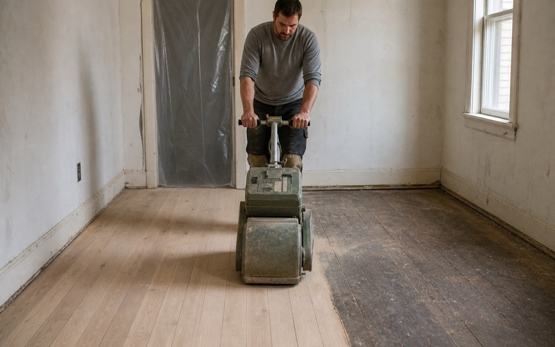 Worker walking a drum sander down a stripped pre-war bedroom, pale bare oak behind the machine and old dark finish still ahead of it.