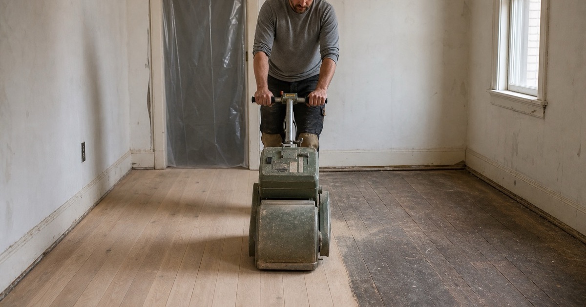 Worker walking a drum sander down a stripped pre-war bedroom, pale bare oak behind the machine and old dark finish still ahead of it.