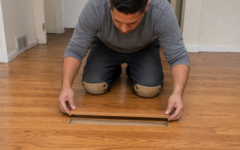 Worker lowering a cut-to-length oak board into a floor where a wall was removed, the replacement boards laced into the old run with staggered joints.