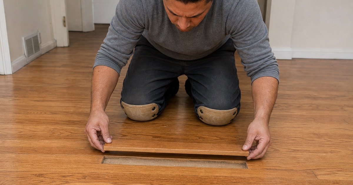 Worker lowering a cut-to-length oak board into a floor where a wall was removed, the replacement boards laced into the old run with staggered joints.
