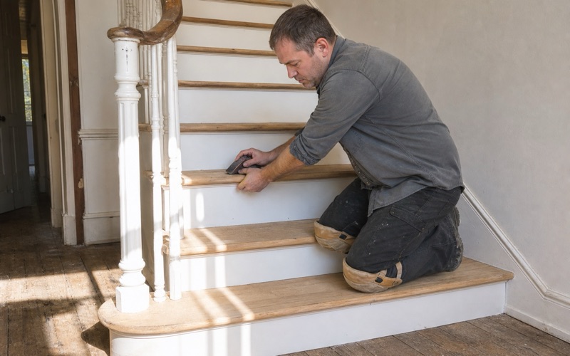 Worker refinishing stripped oak treads on a pre-war staircase, risers freshly painted white and each nosing overhanging the riser below it.