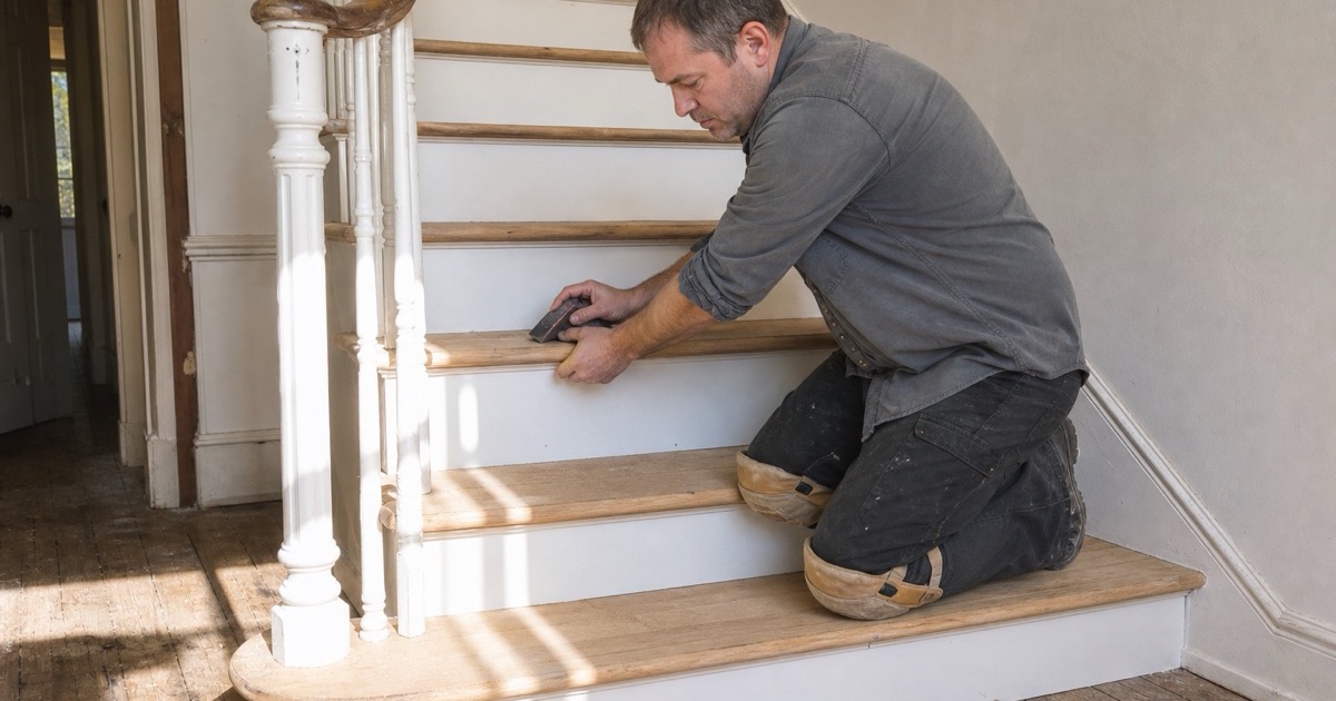 Worker refinishing stripped oak treads on a pre-war staircase, risers freshly painted white and each nosing overhanging the riser below it.
