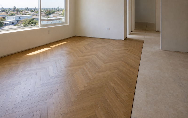 Herringbone oak floor part-laid in a Spanish Revival room, boards meeting at right angles and running outward from a chalked centerline on the subfloor.