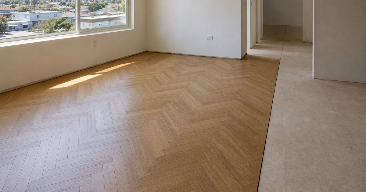 Herringbone oak floor part-laid in a Spanish Revival room, boards meeting at right angles and running outward from a chalked centerline on the subfloor.