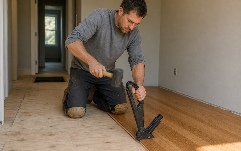 Installer driving a flooring nailer hooked over the tongue edge of a solid oak board, mallet mid-swing, on a half-laid floor over a board subfloor.