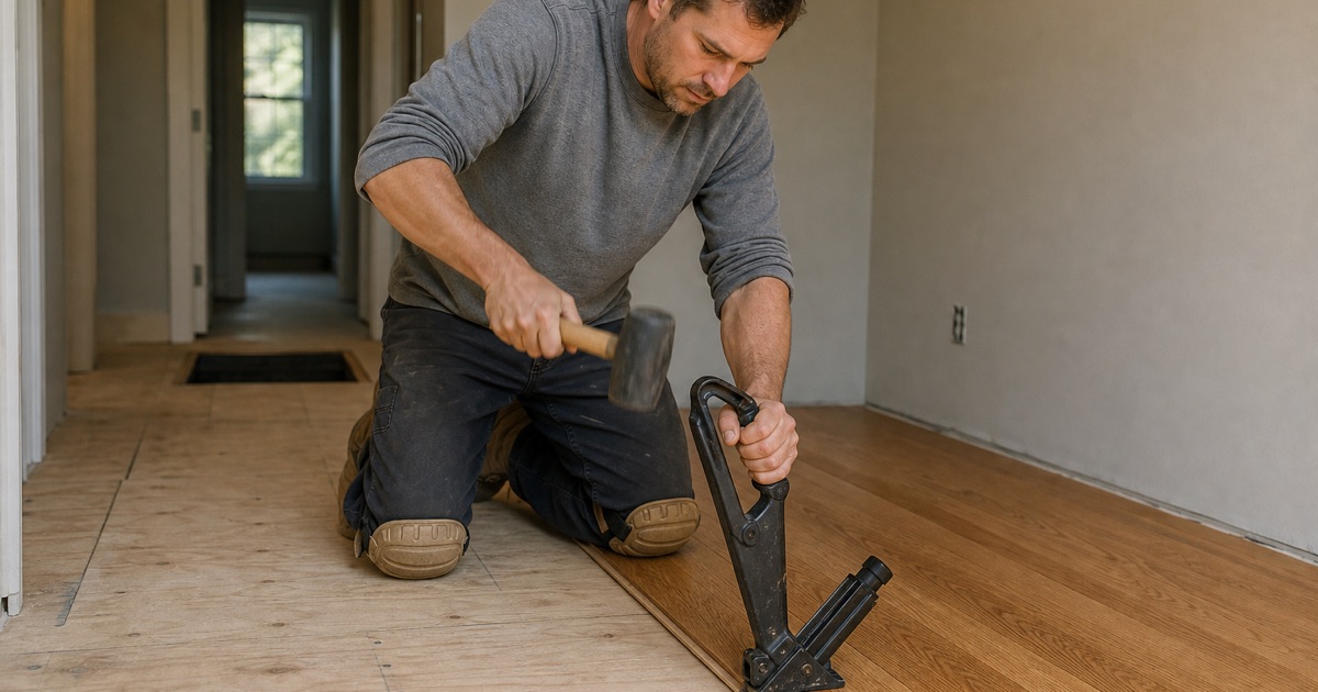 Installer driving a flooring nailer hooked over the tongue edge of a solid oak board, mallet mid-swing, on a half-laid floor over a board subfloor.