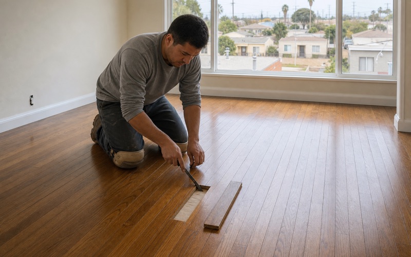 Worker holding up a cupped oak board lifted from a kitchen floor, two more boards cut out beside him exposing the stained subfloor underneath.