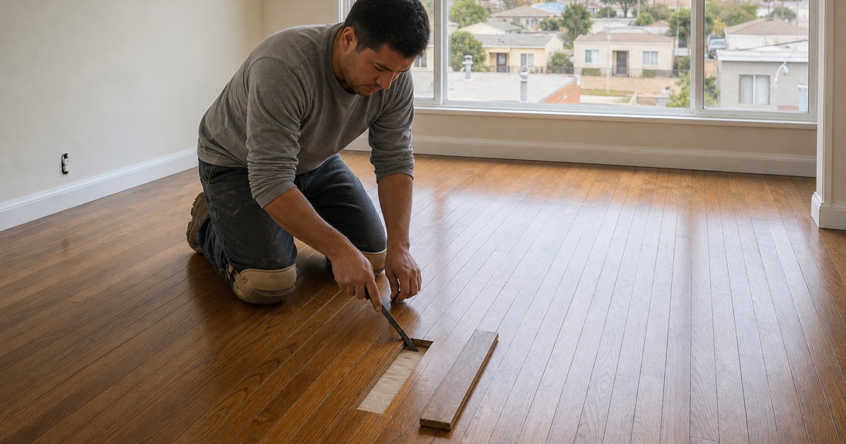 Worker holding up a cupped oak board lifted from a kitchen floor, two more boards cut out beside him exposing the stained subfloor underneath.