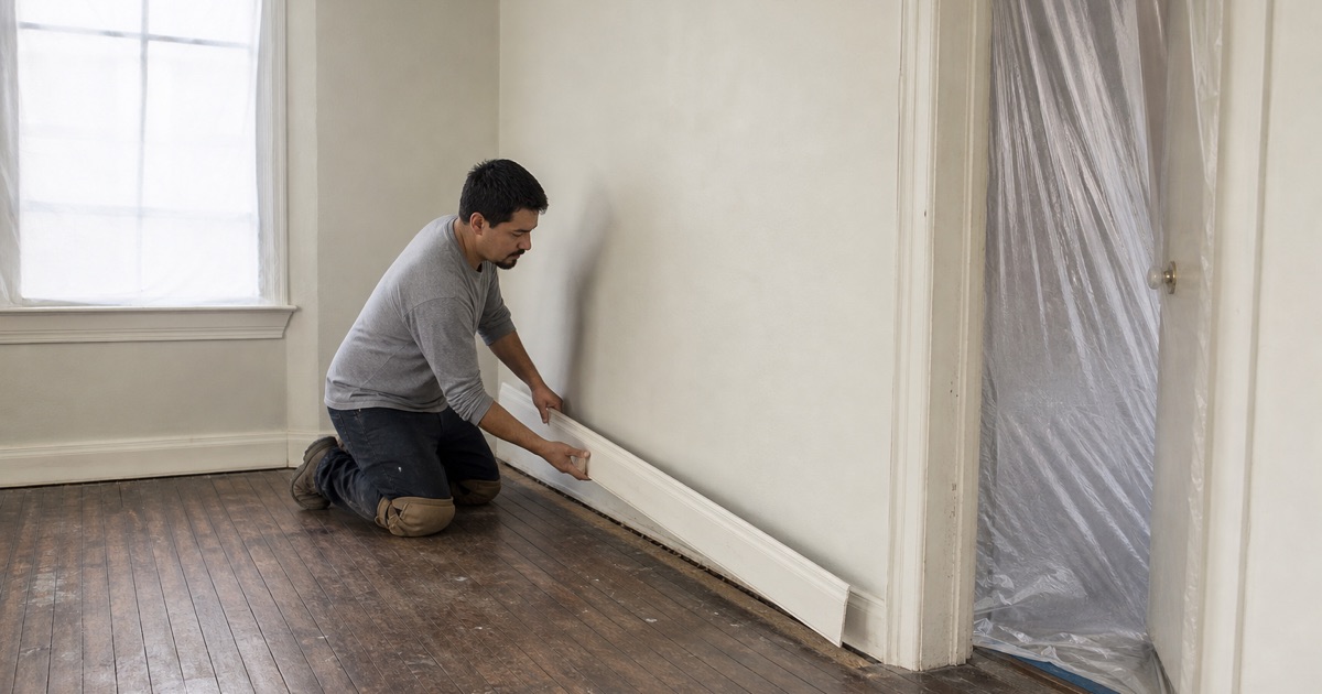 Painted baseboard eased away from the wall of a pre-war Bell Gardens room, showing the original strip oak running beneath and the expansion gap behind