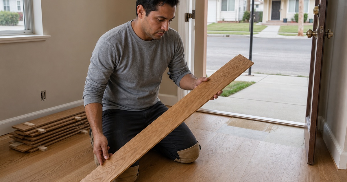 Installer carrying an oak floorboard on edge across a 1950s Bellflower tract living room toward the slab where the next row begins.