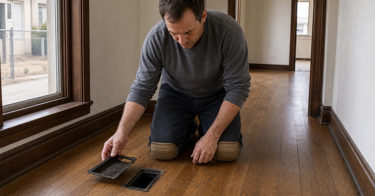 Installer reading the exposed edge of old strip oak at a lifted floor register in a Compton hall, the register set flat on the boards beside it.