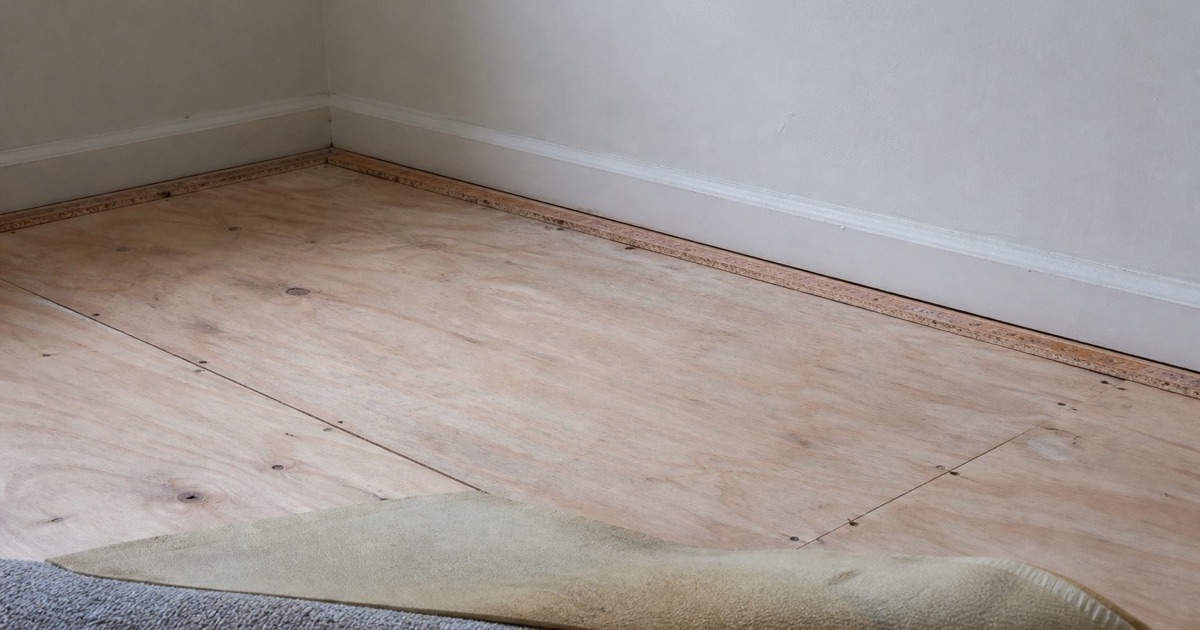 Carpet and underlay folded back in a Cudahy bedroom corner, exposing the plywood subfloor deck and the tack strip along the wall