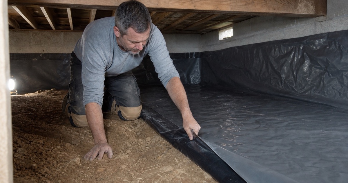 Worker drawing ground vapor retarder out across bare soil in the crawl space beneath a raised East Rancho Dominguez house