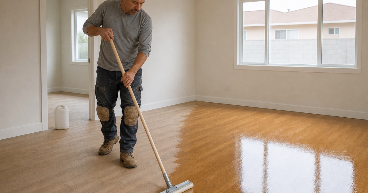 Installer backing out of an empty Florence-Graham rental unit with a pole applicator, freshly coated oak wet ahead of him and dry boards underfoot.