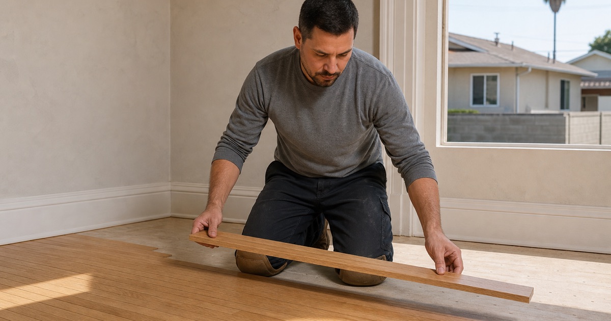 Installer lowering a narrow oak strip board into place beside the previous row in a Lynwood bungalow living room, the laid boards seating tight under the shoe molding behind him.