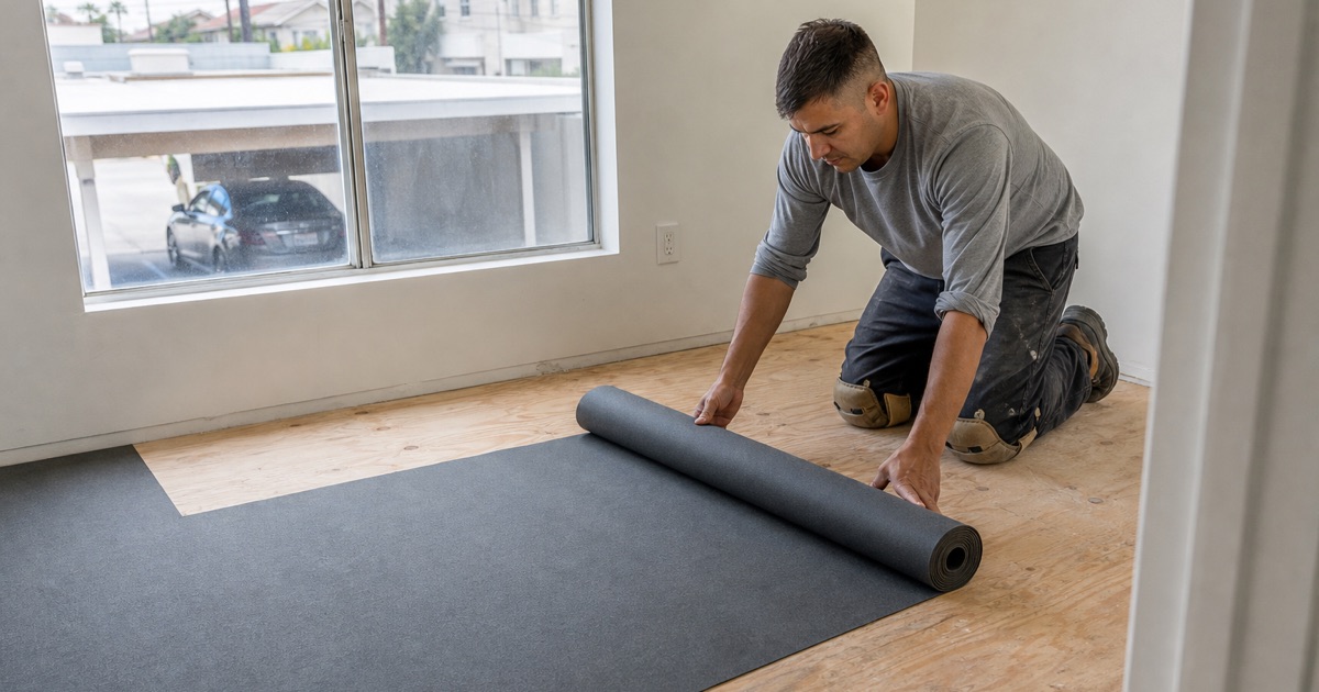 Installer rolling out dense acoustic underlayment over a bare subfloor in an upper-floor Maywood apartment, the mat pressed flat as it unrolls.