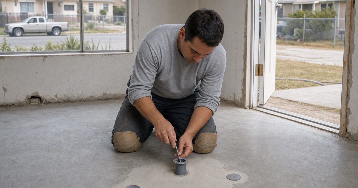 Installer setting a relative-humidity probe into a drilled sleeve in a bare concrete slab in a stripped Paramount room, two sleeves already set beyond.