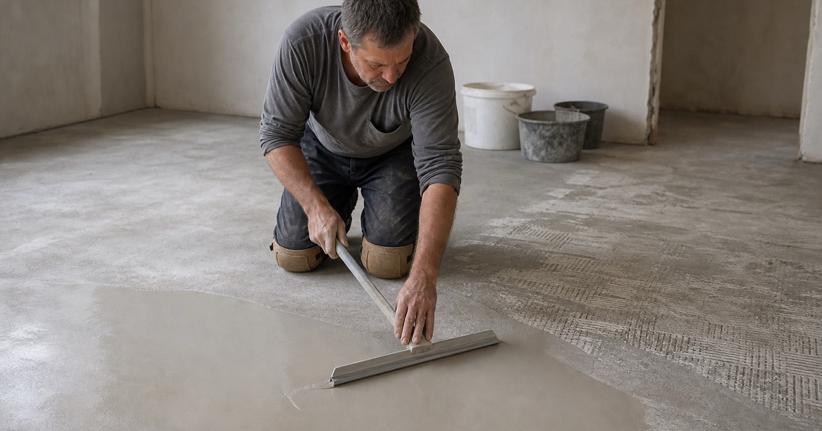 Leveling compound being smoothed into a low spot on a swept concrete slab in an empty Santa Fe Springs room, old adhesive residue ground back beyond it
