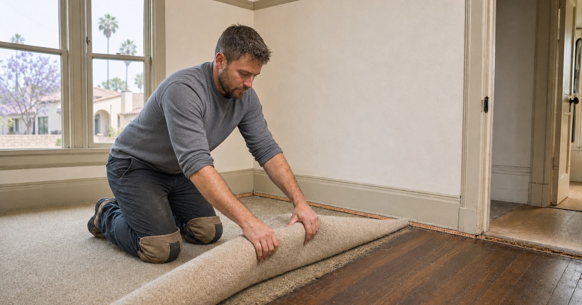 Installer rolling carpet back off original narrow strip oak in a 1920s South Gate bungalow bedroom, tack strip still fixed around the perimeter.