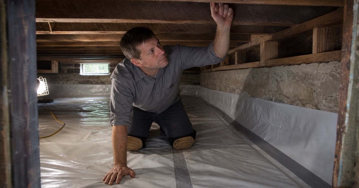 Worker in the crawl space of a pre-1940 Walnut Park house, ground vapor retarder laid across the soil and carried up to the foundation wall.