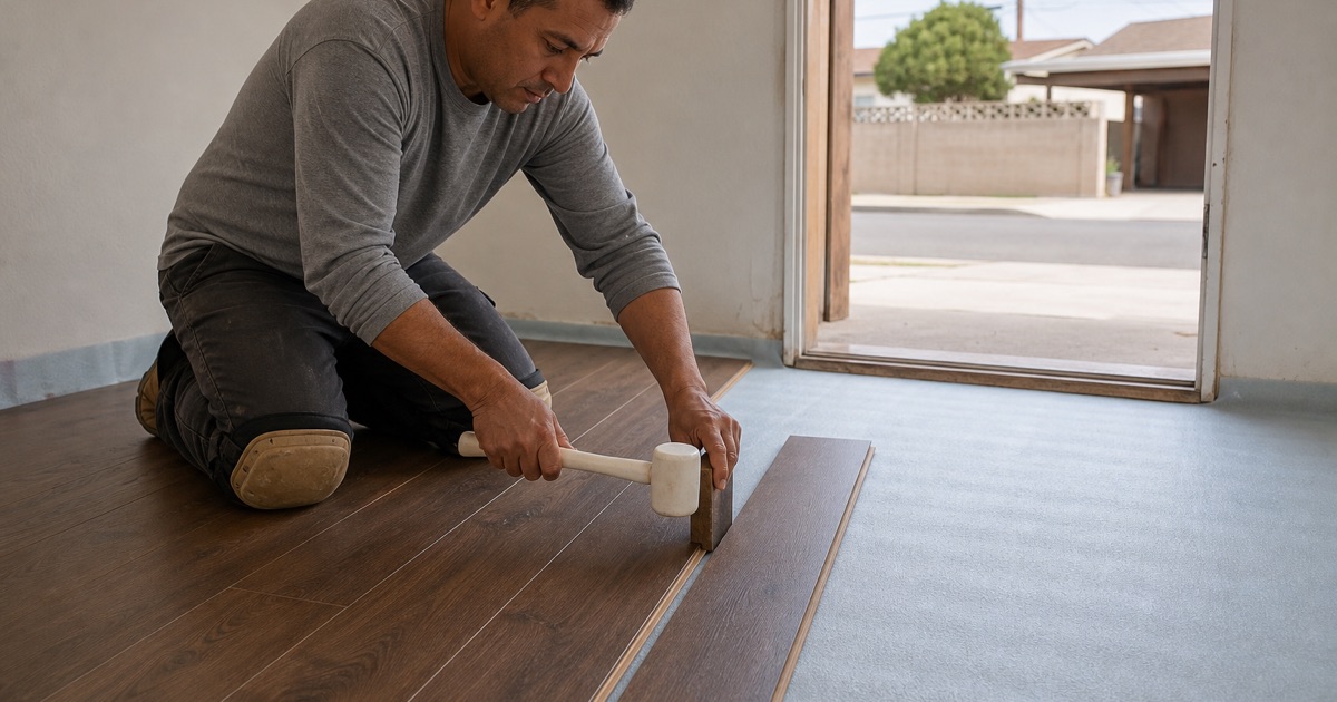 Installer tapping an engineered board home with a tapping block and mallet over foam underlayment on a Willowbrook slab.